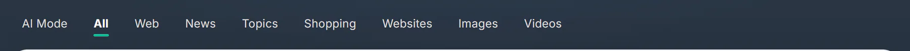 The row of service tabs on 4Football, a subject site: AI Mode, All, Web, News, Topics, Shopping, Websites, Images and Videos